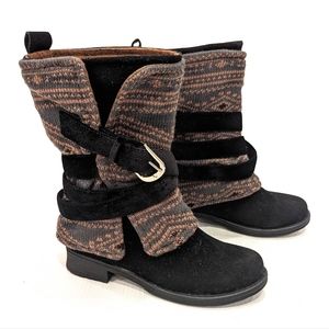 MUK LUKS black mid calf boots with fair isle sweater knit boot cuff size 6